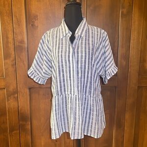 "En Creme" Navy/White Striped Peplum Top, Ruffle Sleeve Detail, NWT Size M